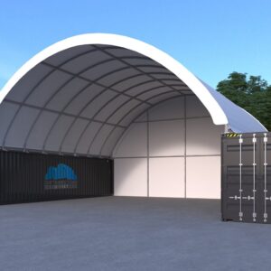 40x40ft (12x12m) Commercial Grade Dome with Fixed Tube End Wall Fits 40ft Containers 10-Year Warranty on the structure and heavy-duty roof cover. Quality Domes Direct 10 x 10 year warranty logo This is a ‘weld on’ base plate design. This 40x40ft (12x12m) Commercial Grade Dome with Fixed Tube End Wall (weld-on truss tube base plates) creates 144m2 of usable undercover shelter, and with a tough and durable UV protected 650GSM heavy-duty cover, worrying about heavy rains, intense sun and driving winds interrupting work is a thing of the past. Protect your valuable machinery and materials from the harshest elements and keep working – no matter what the weather throws at you.