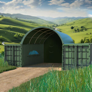 20x20ft (6x6m) Shipping Container Dome Shelter Green Incl Semi-Permanent End Wall.